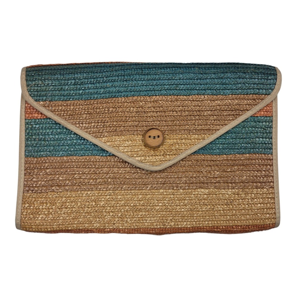 Vintage Boho Woven Straw Envelope Clutch Multicolor Striped Bag Beachy Summer